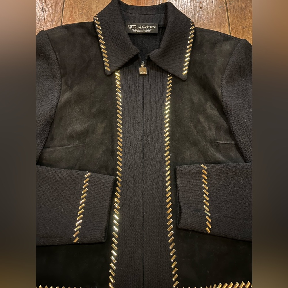 St. John Collection, Marie Gray Knit Suede Front + Gold Hardware Jacket Sweater - Picture 3 of 6